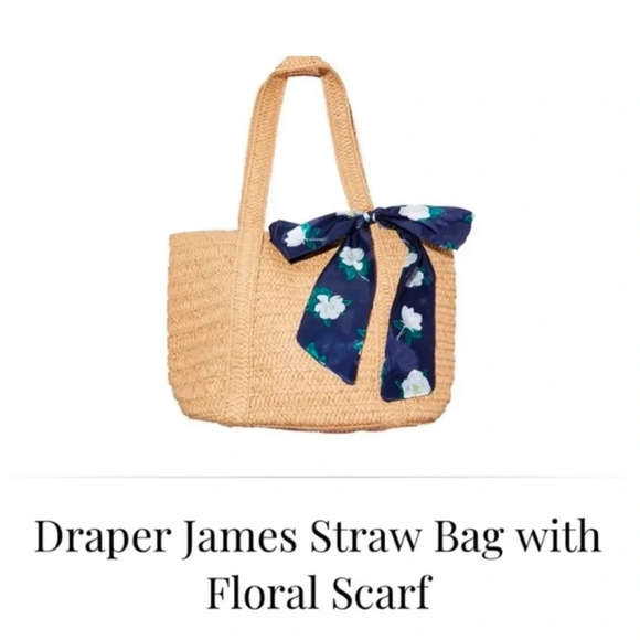 Draper James Handbags - Draper James Straw Handbag with Silky Blue and White Floral Scarf.